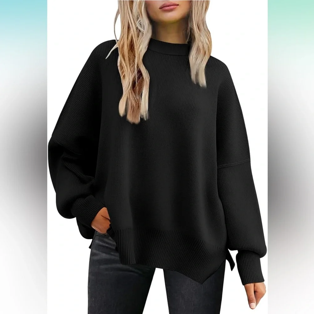 Women's Oversized Batwing Sweater Black 3X Crewneck Knit Side Slit Pullover Top - Picture 1 of 16